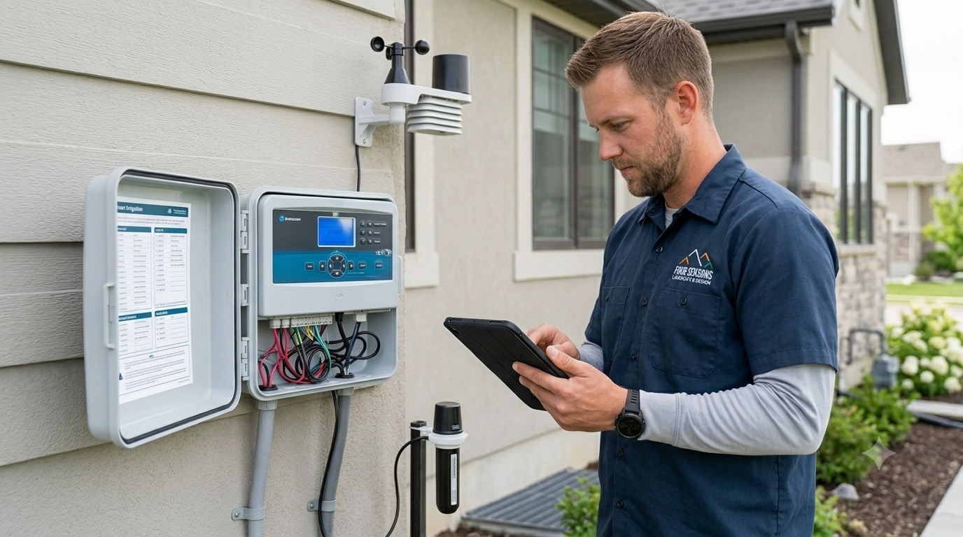 Technician using a tablet beside an outdoor utility control panel on a house exterior