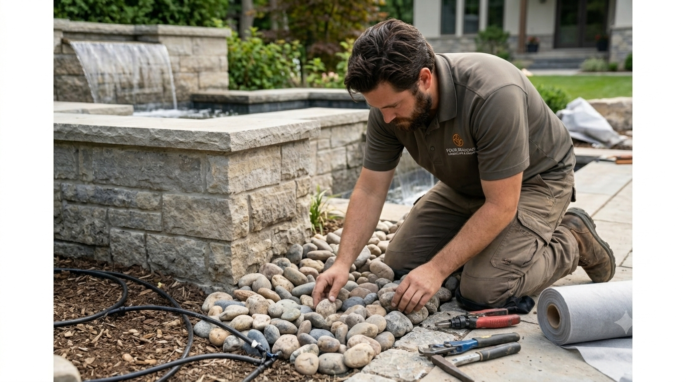 Man kneeling outdoors, arranging river stones beside a stone wall with garden tools nearby