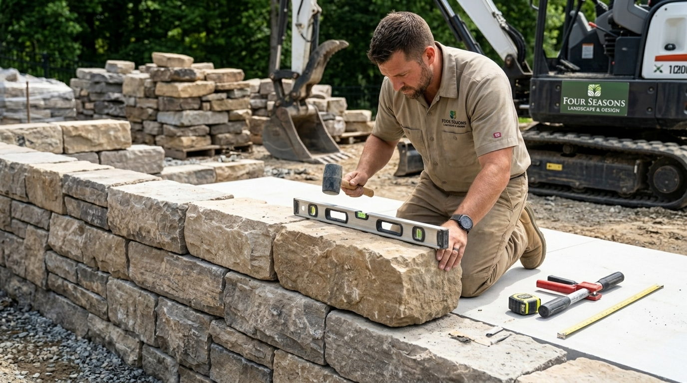 Worker leveling a stacked stone wall with a level at a construction site.
