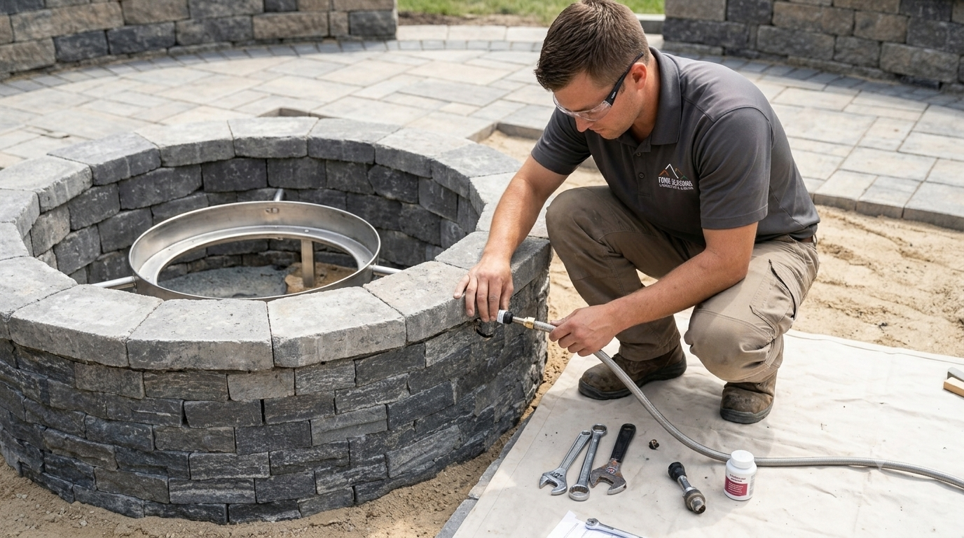 Man kneels beside a circular stone fire pit, fitting gray stones on an outdoor patio.
