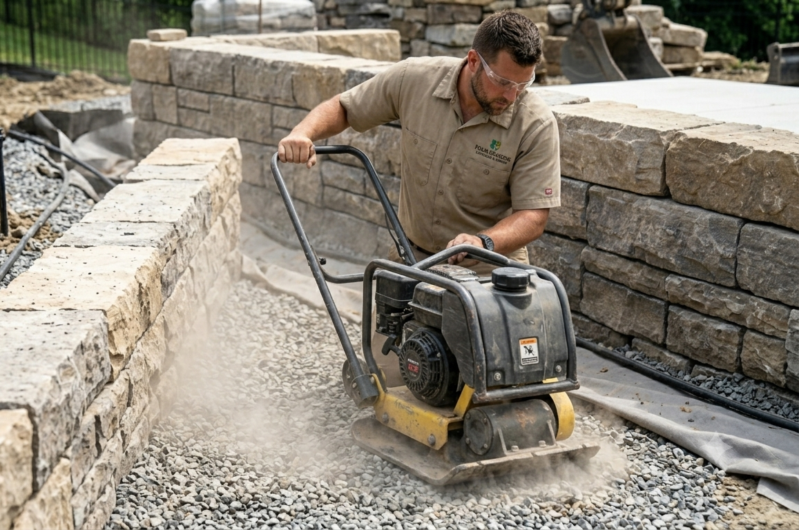 Worker operating a plate compactor on gravel beside stacked stone retaining walls