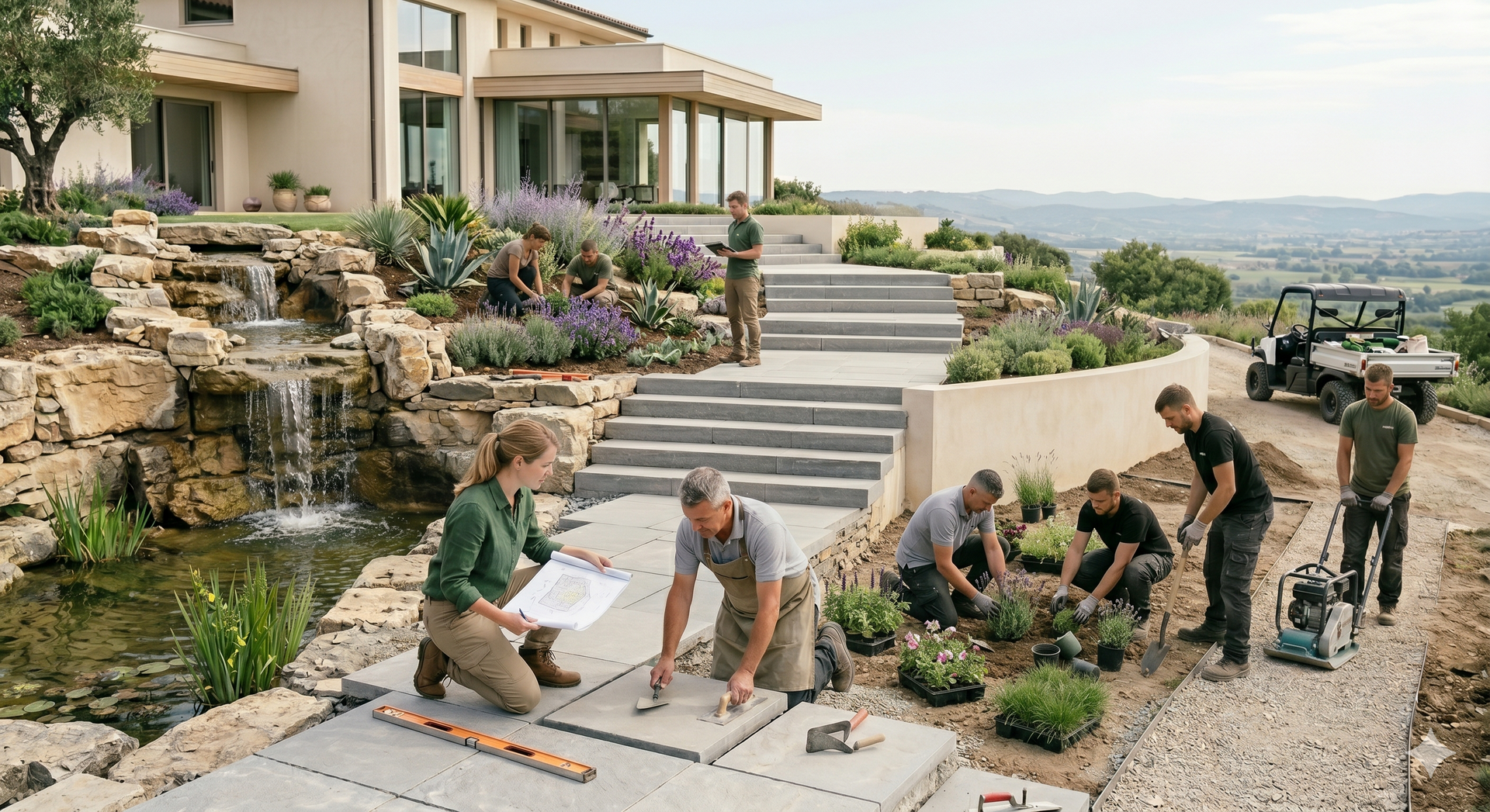 Workers installing pavers in a landscaped hillside patio beside a modern house with ocean view