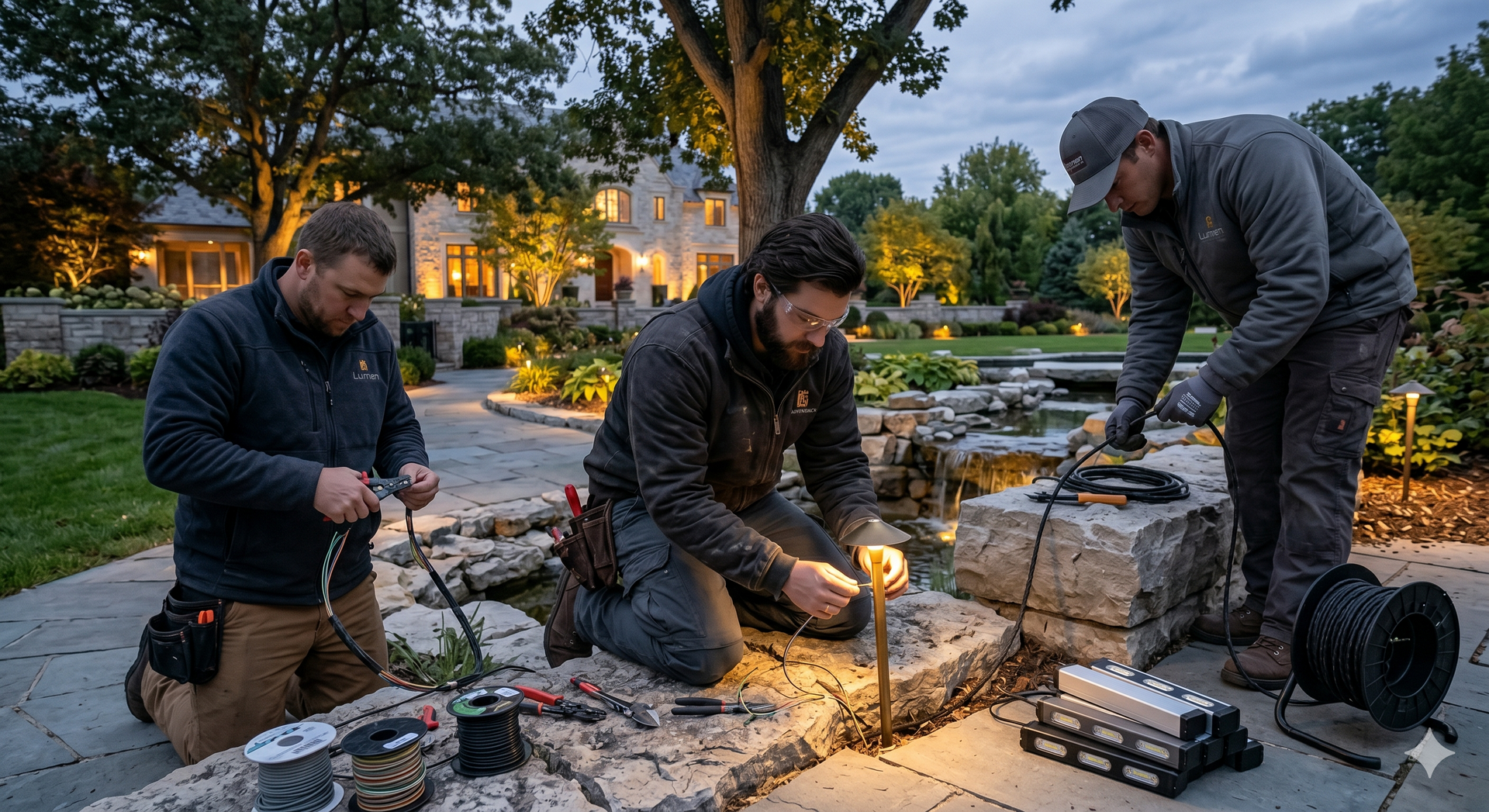 Three workers repairing a stone fire pit at dusk in a park, with tools and cables around them