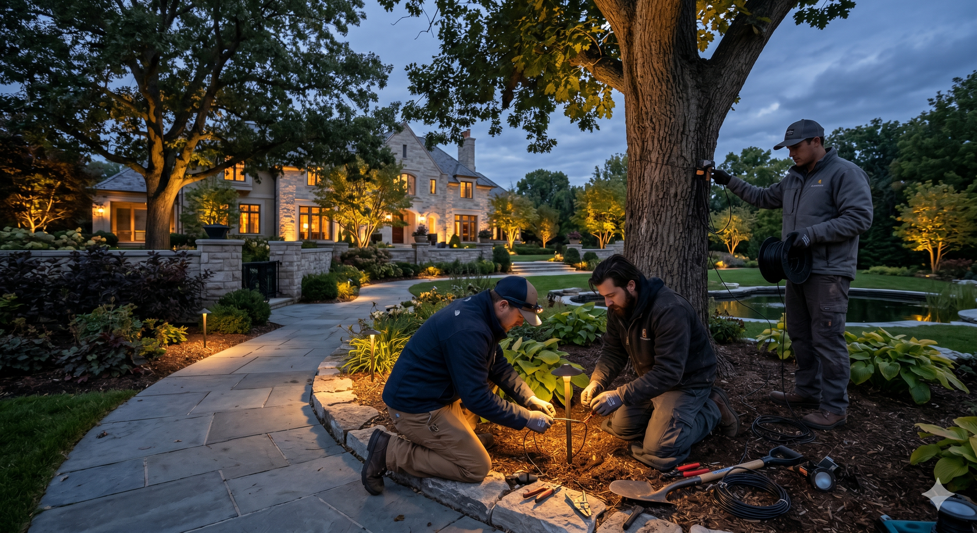 People planting a small tree by a lit walkway at dusk in a landscaped garden.