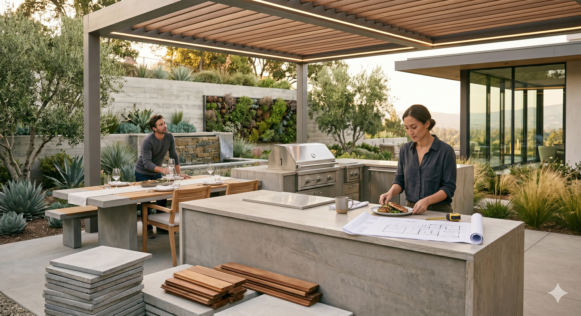 Outdoor patio kitchen with two people preparing food around a concrete grill island under a pergola