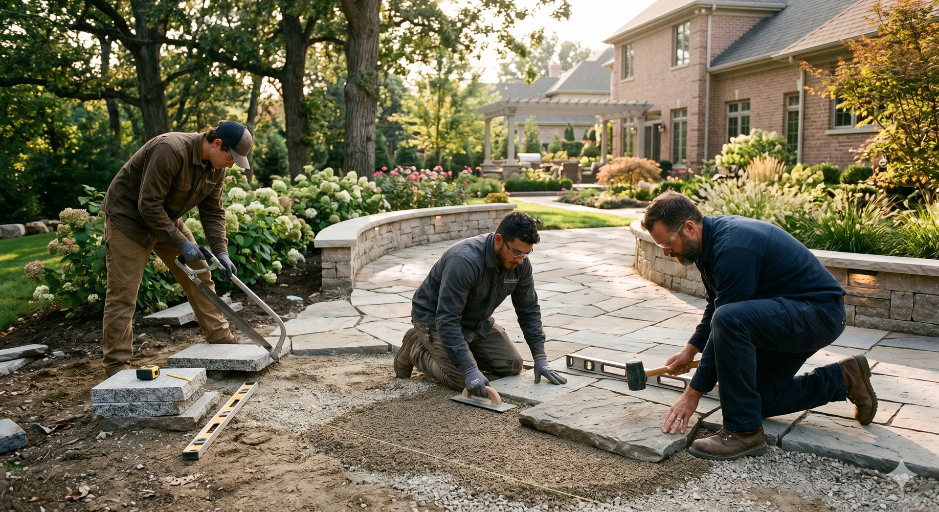 Three workers install stone pavers in a front yard garden path.
