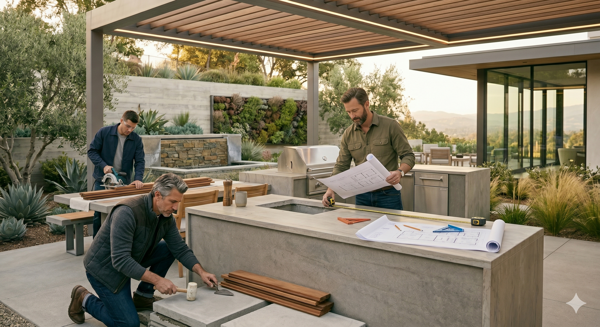 People assembling a stone outdoor kitchen under a pergola in a modern backyard.