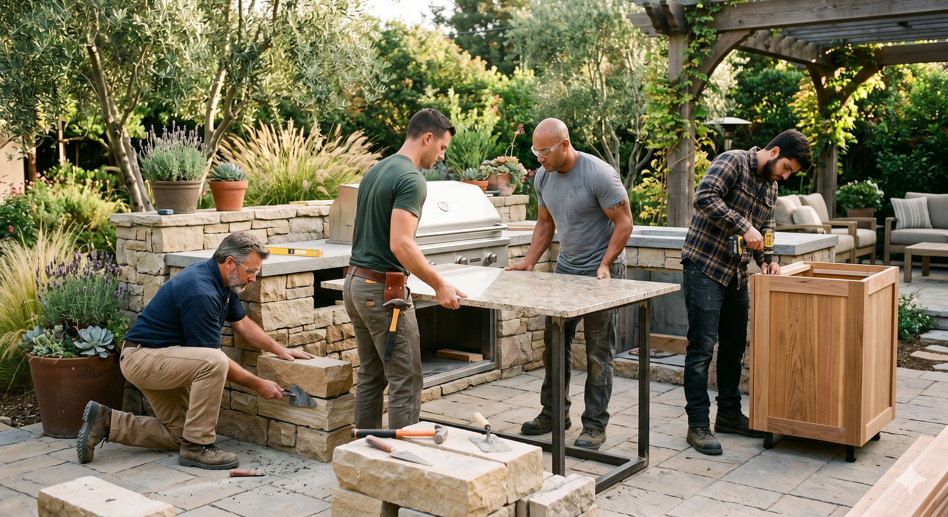 People assembling outdoor furniture in a garden patio, with tools and stacked wood nearby.