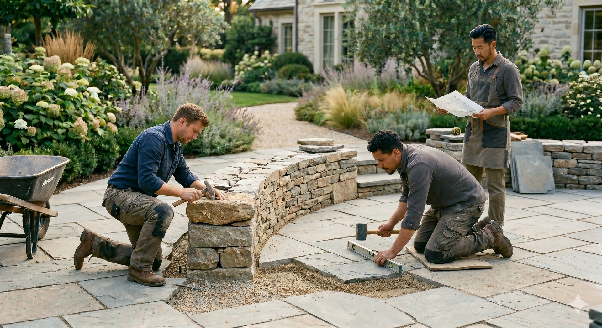 Workers installing stone pavers in a landscaped garden courtyard.