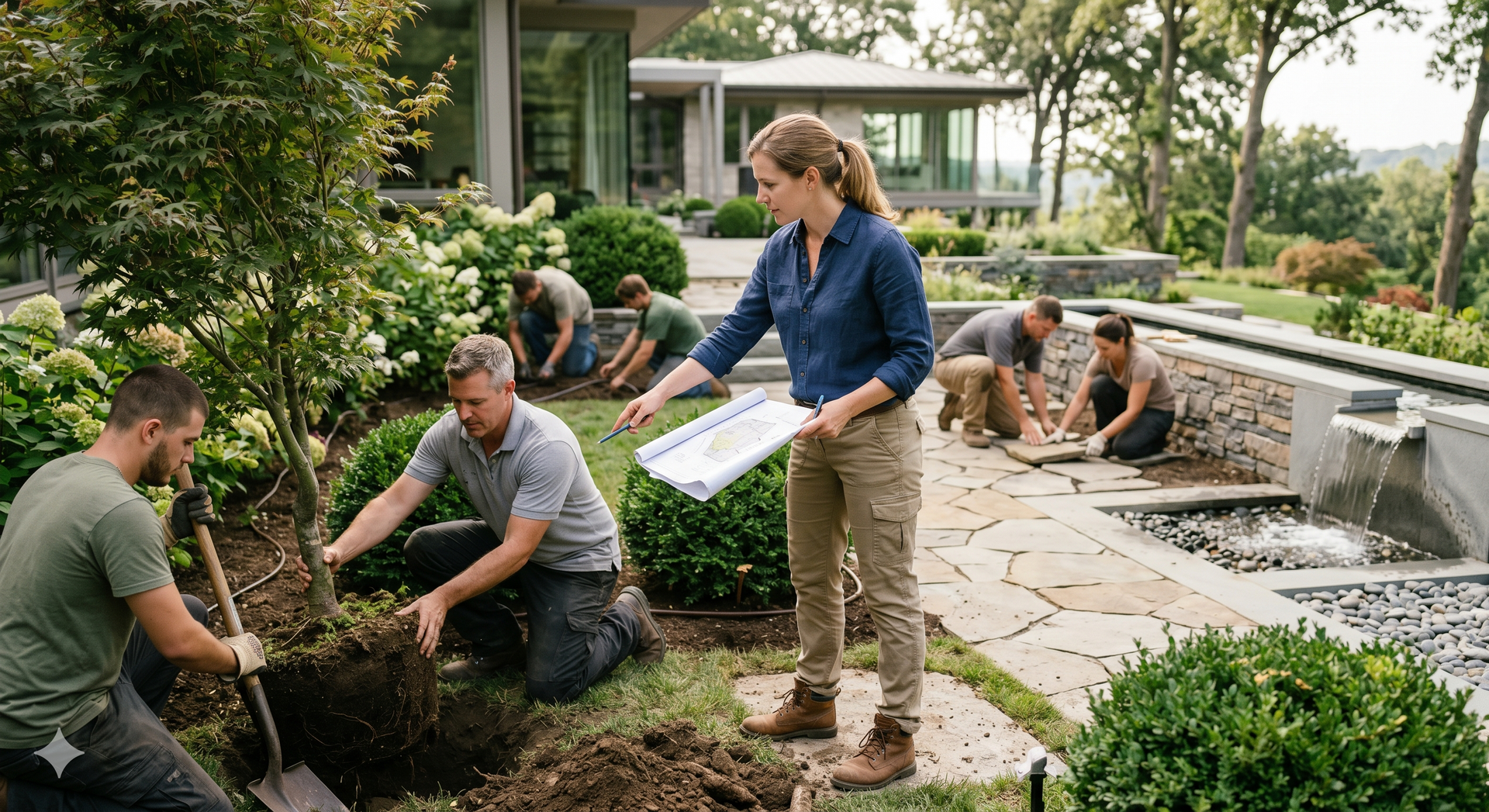 People gardening together in a landscaped courtyard, planting and tending shrubs near a walkway.