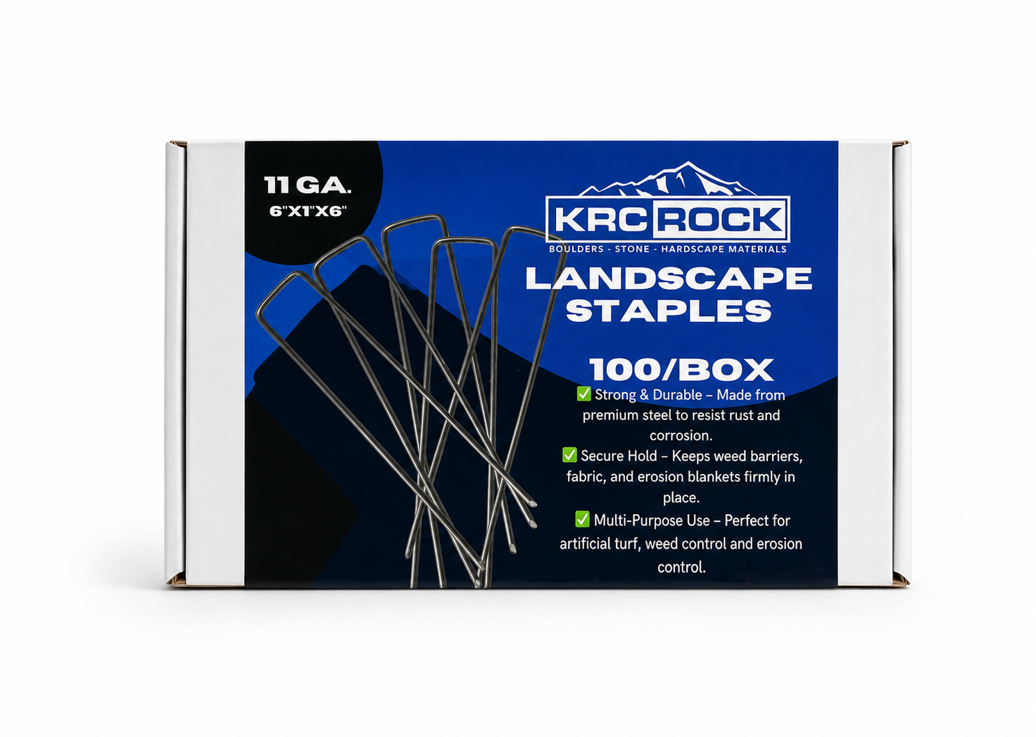 Landscape fabric securing staples