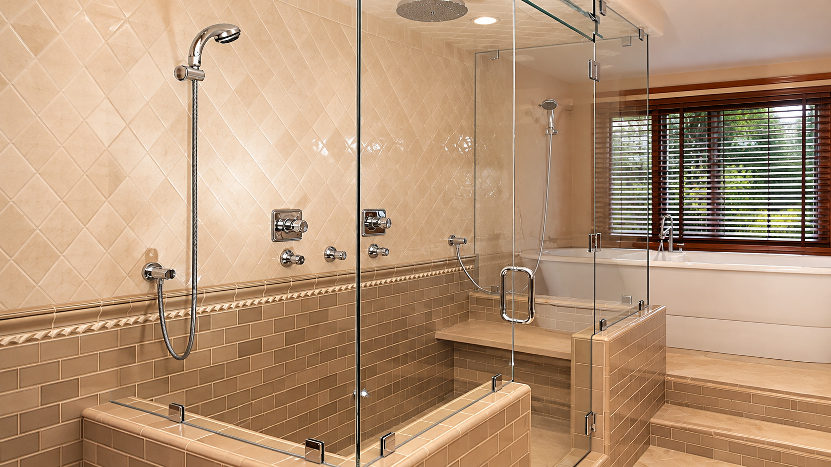 Modern beige bathroom with glass shower, bathtub, and window blinds
