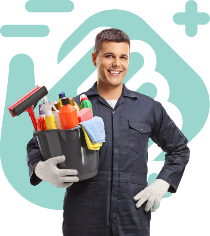 A man is holding a bucket full of cleaning supplies
