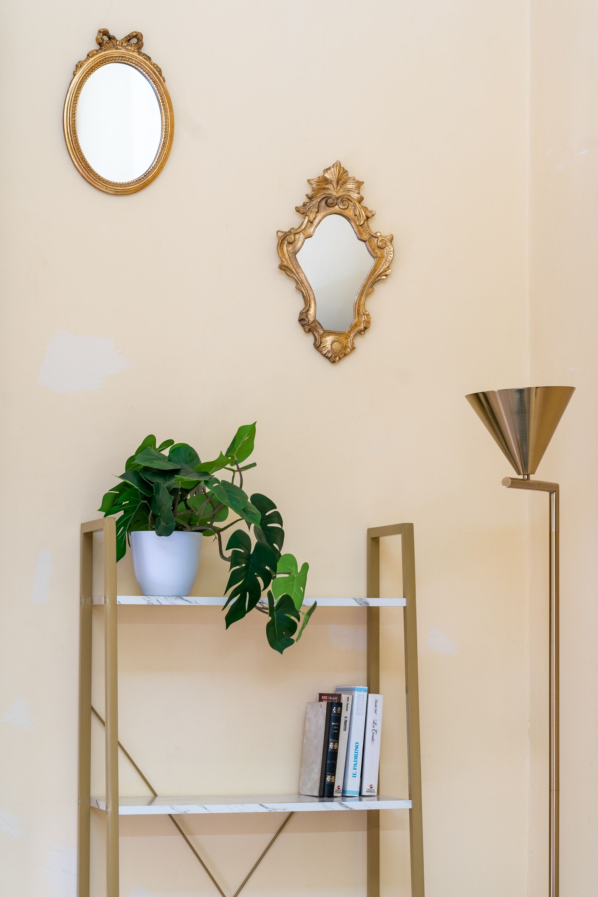 Gold-framed mirrors and shelving unit with plant and books against a cream wall; floor lamp at right.
