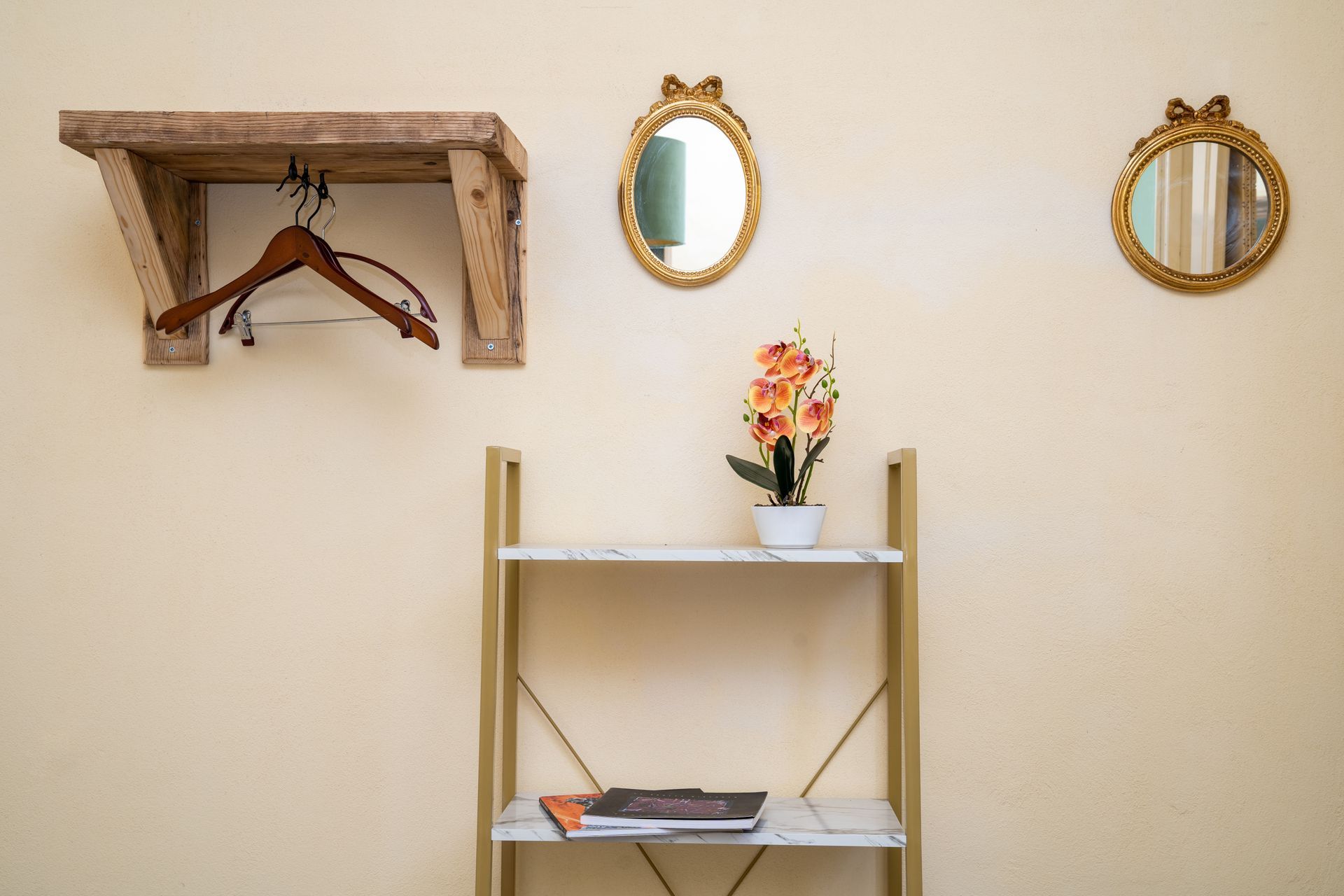 Wooden shelf with hanger, two ornate gold mirrors, and a decorative shelf holding a potted plant.