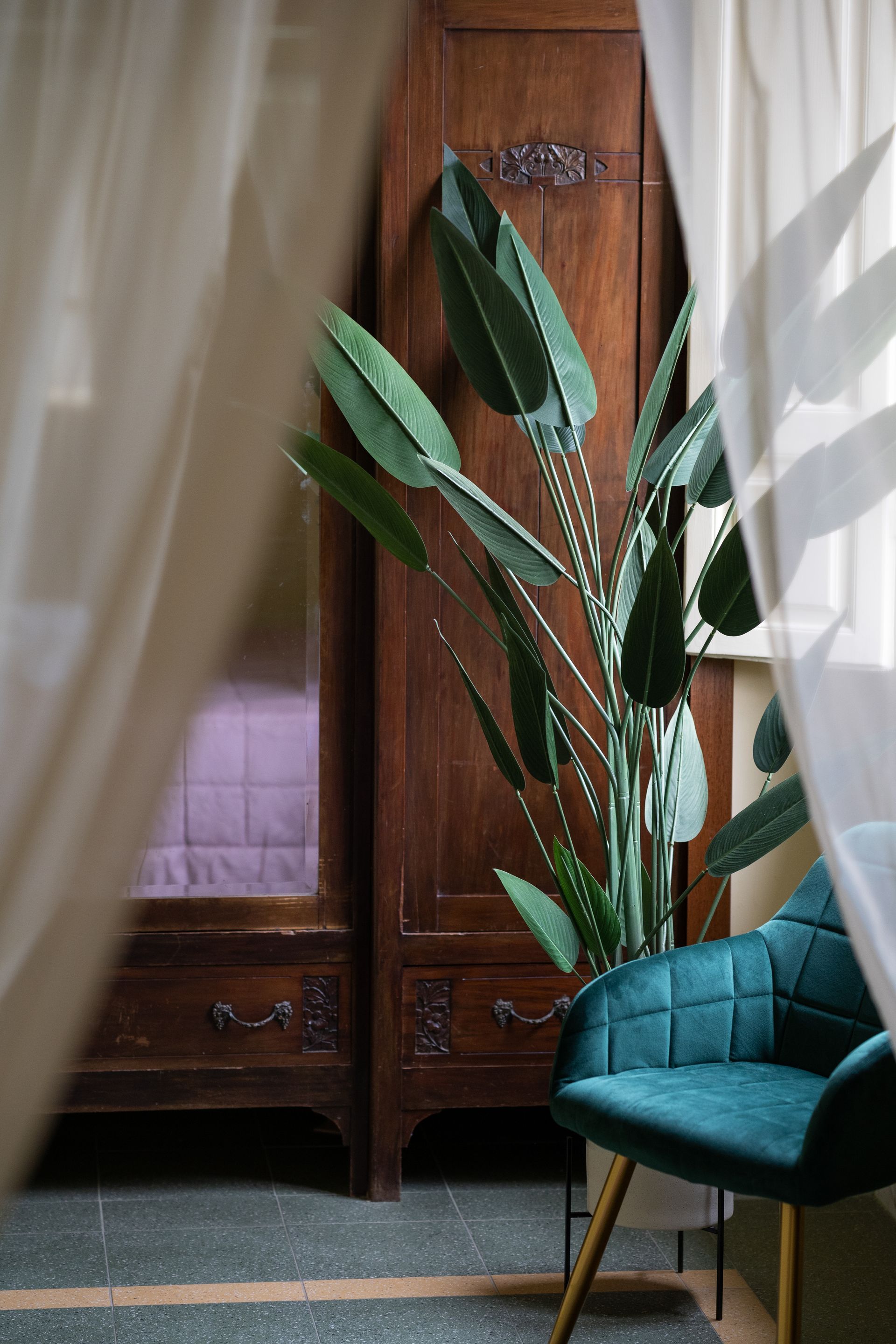 Wooden cabinet, tall green plant, teal chair, sheer curtains.