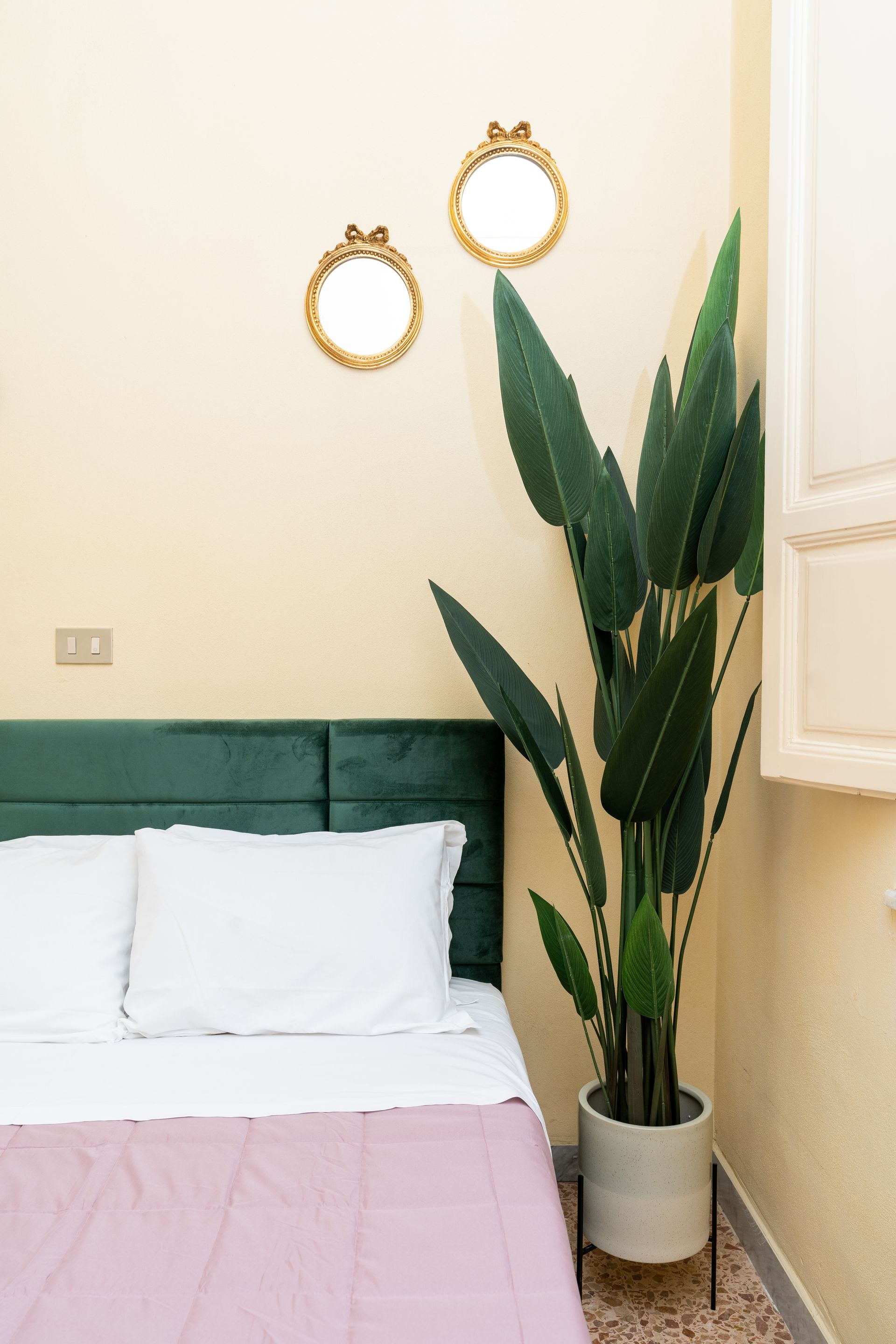 Bedroom corner with a bed, potted plant, and two gold framed mirrors.