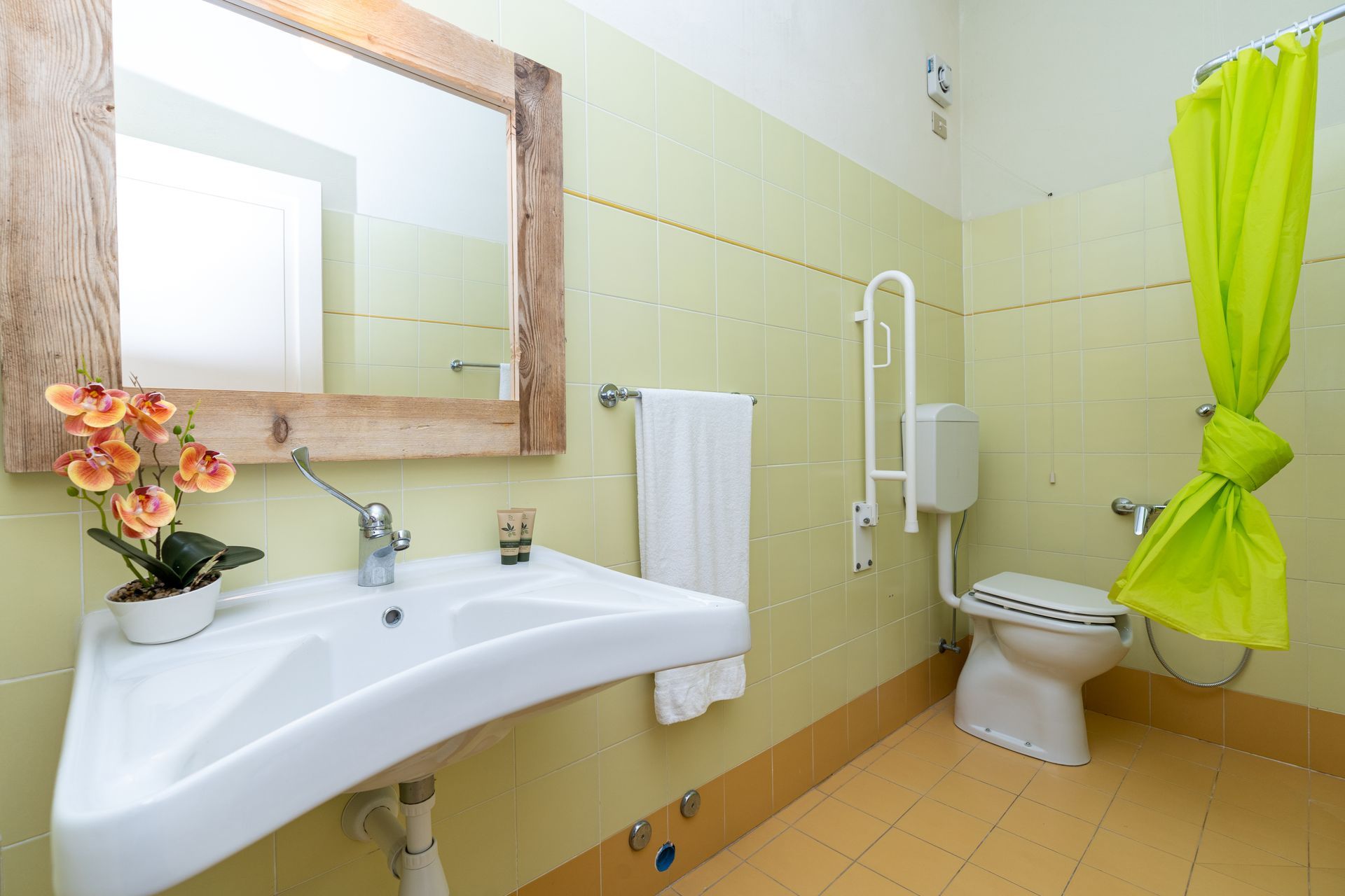 Bathroom with accessible features: sink, toilet, grab bar, and green shower curtain. Light green walls, wooden mirror.