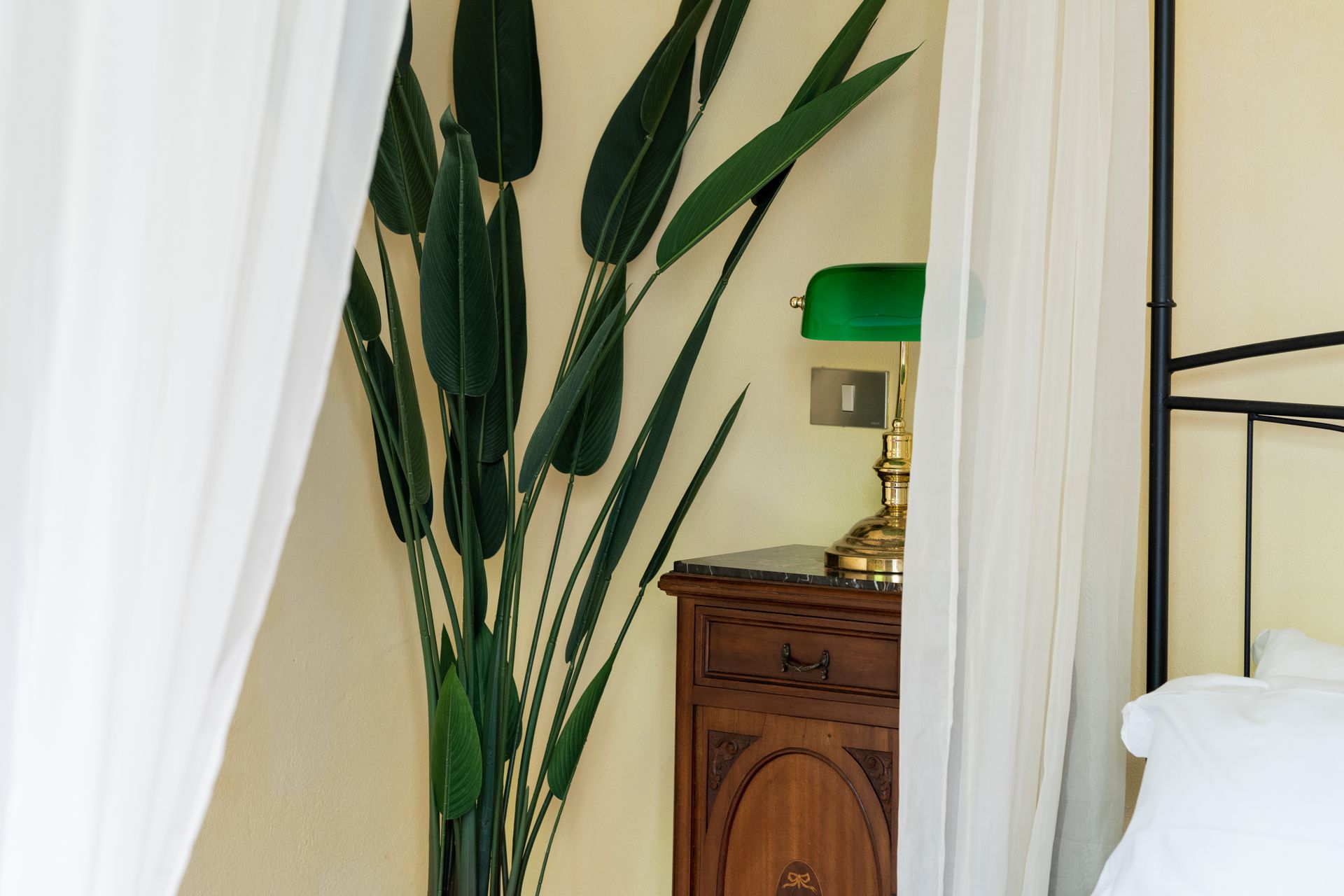 Bedroom with a tall green plant, wooden nightstand, green lamp, and sheer white curtains.
