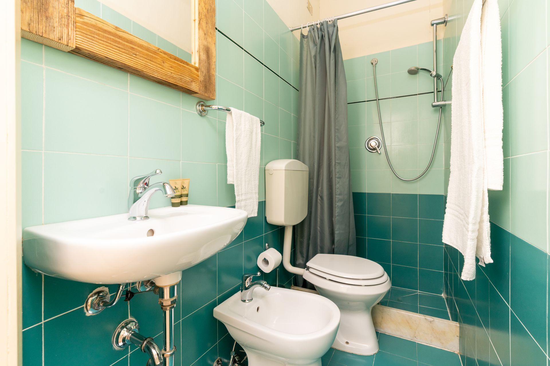 Small turquoise bathroom with sink, toilet, bidet, shower curtain, and a gold-framed mirror.