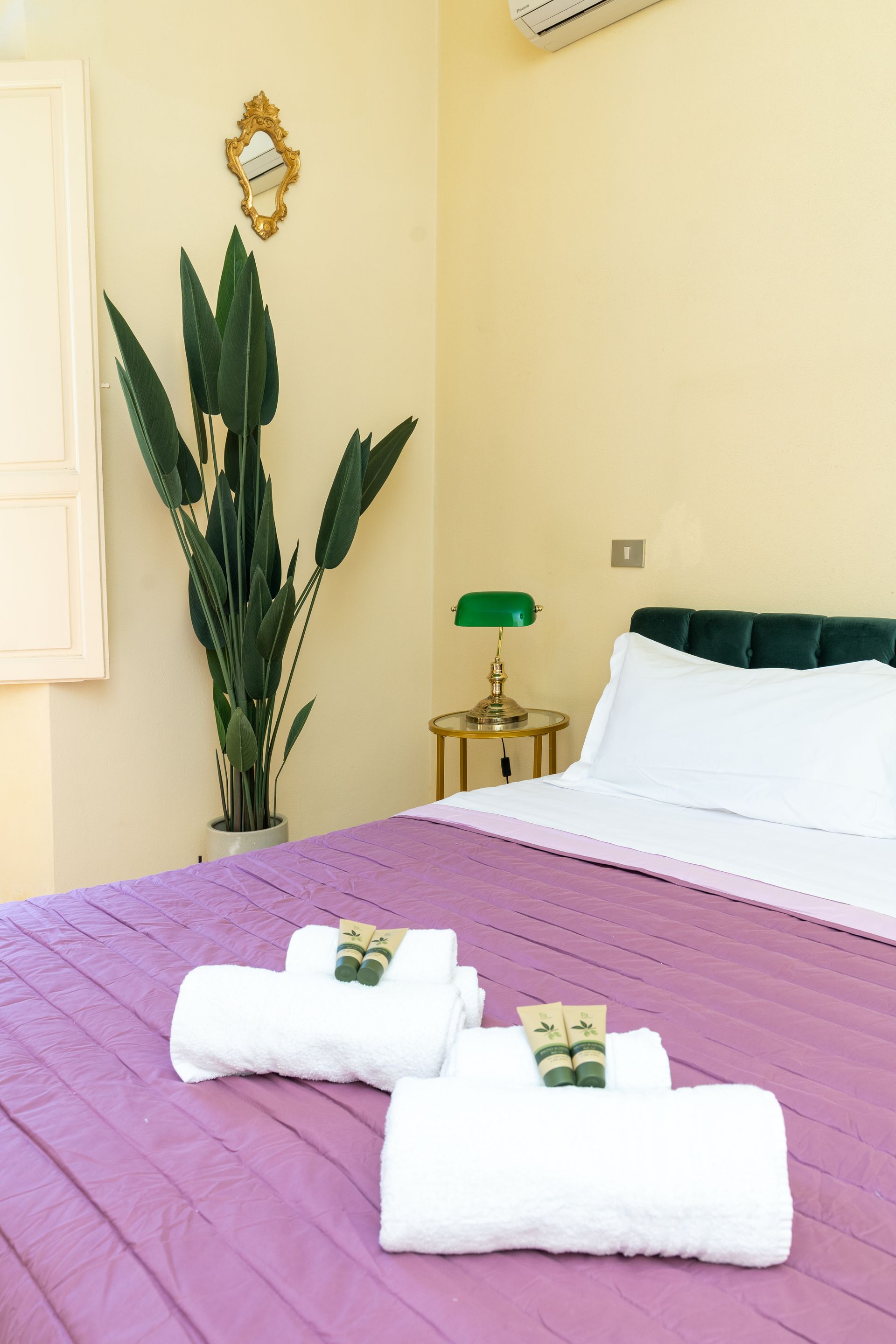 Bedroom with purple bedspread, white towels, a tall plant, and a green lamp.