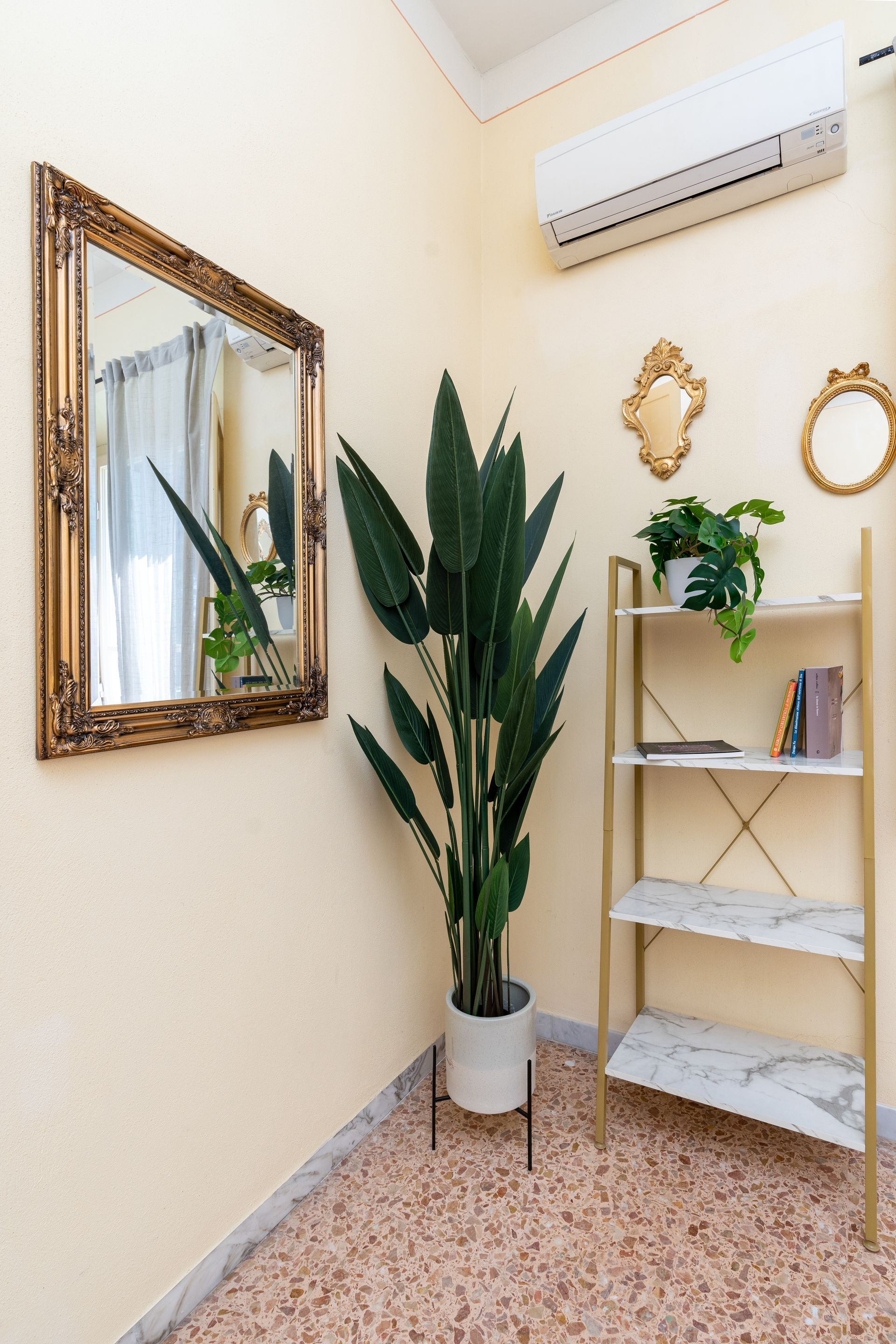 Corner of a room with large ornate mirror, tall plant, shelving unit, and air conditioner.