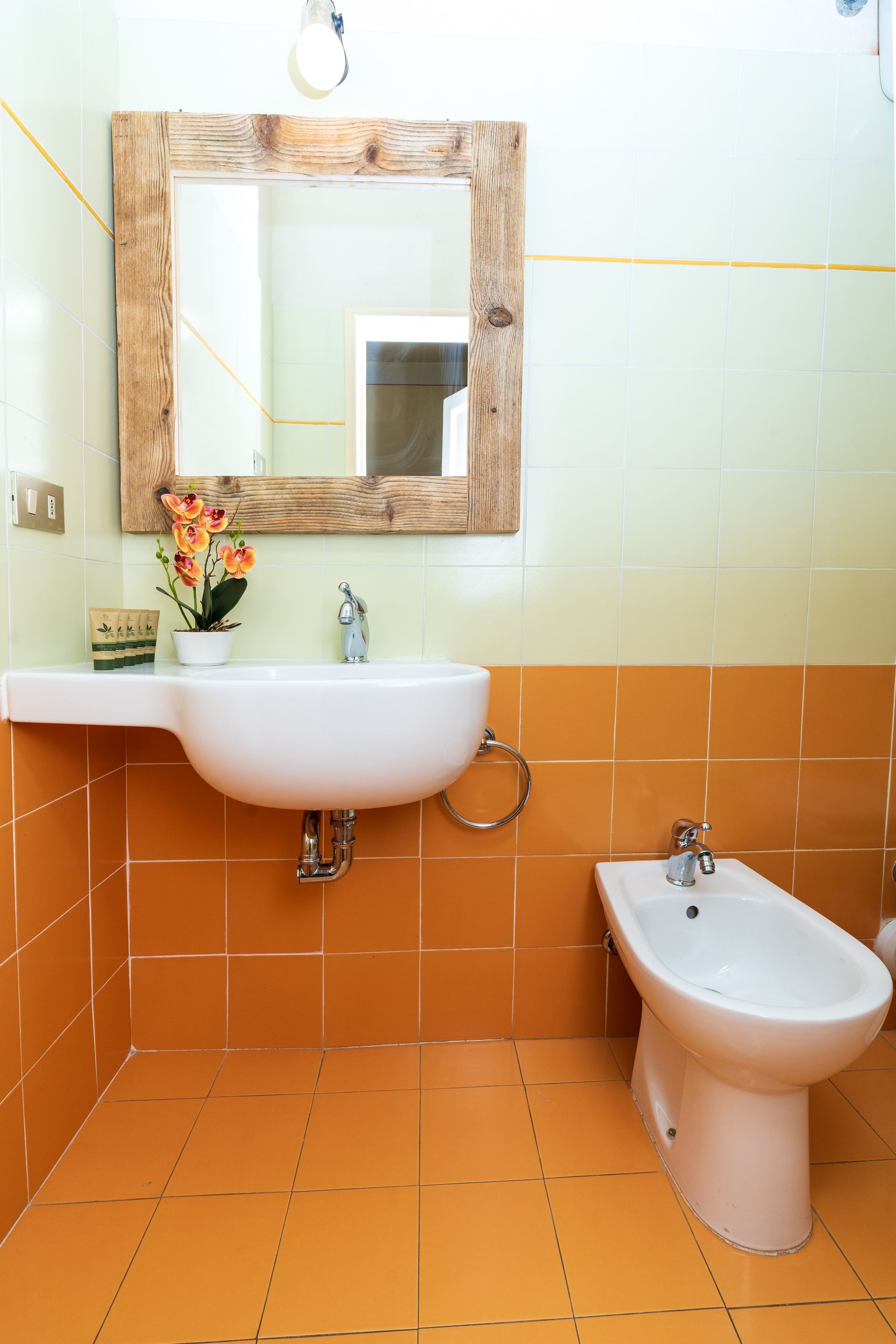 Bathroom with a white sink, bidet, and orange tile. A wooden-framed mirror hangs above the sink.