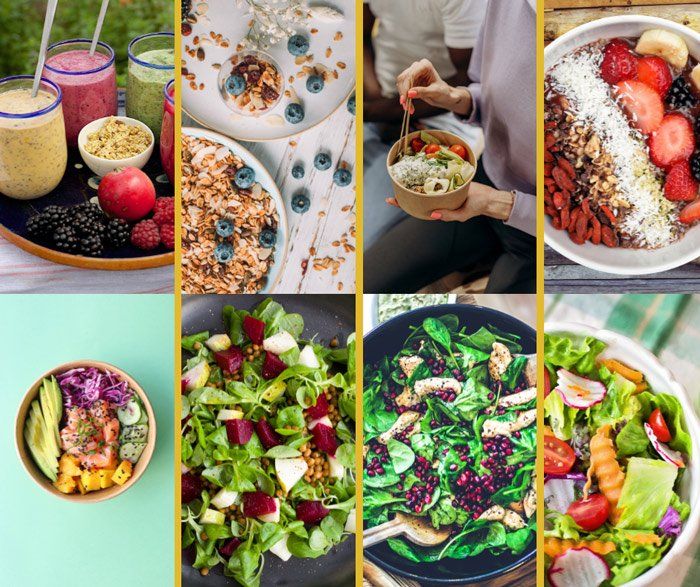 There are many different types of food in this collage.