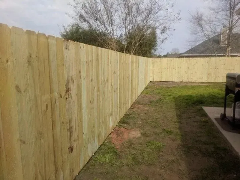 Wooden privacy fence encloses a grassy backyard; the sky is visible above.