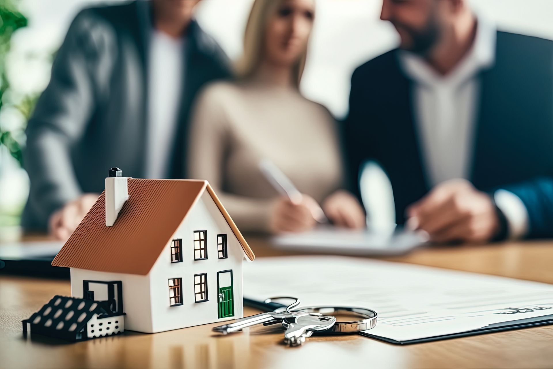 A couple is sitting at a table with a model house and keys.