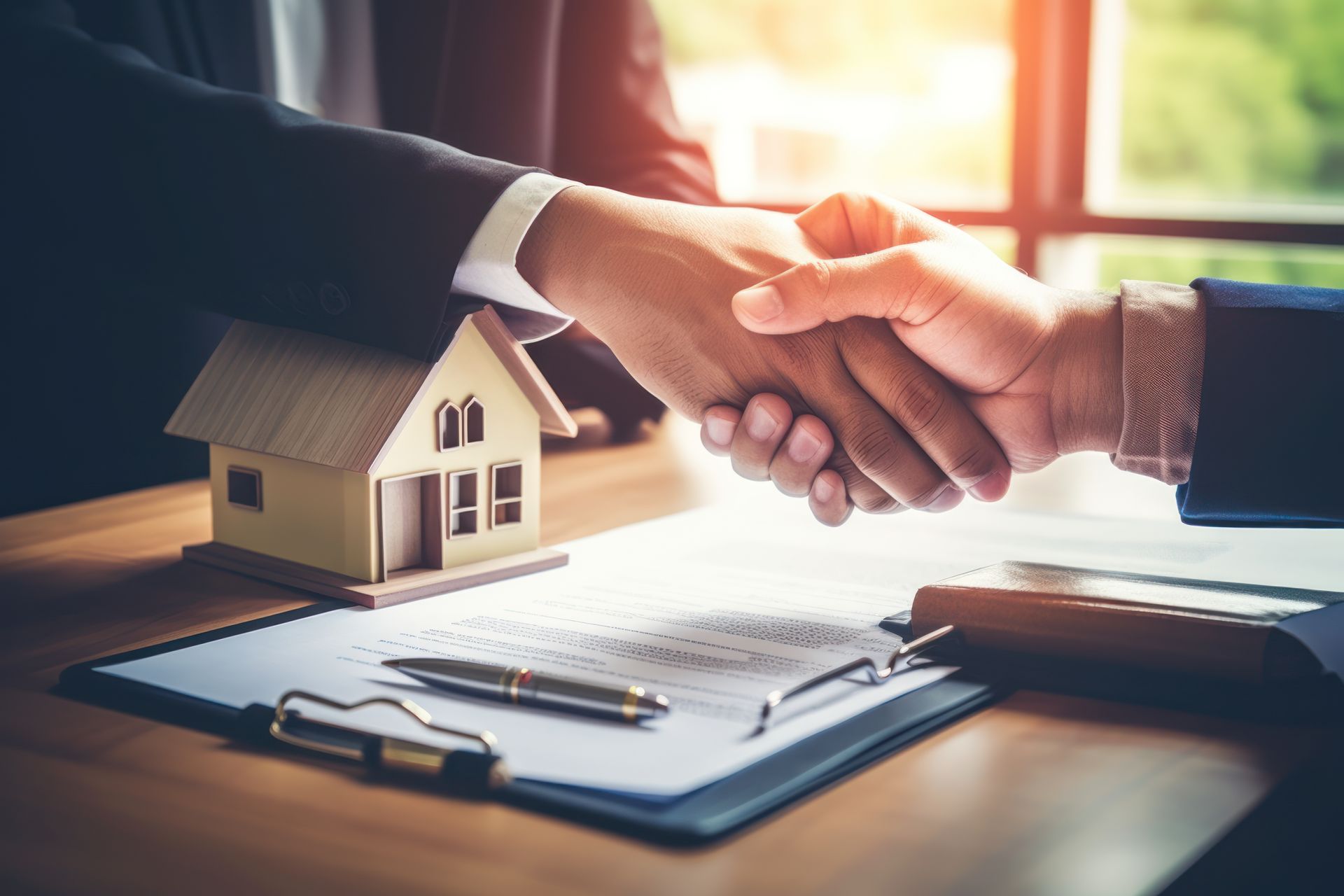 Two people are shaking hands over a clipboard with a model house on it.