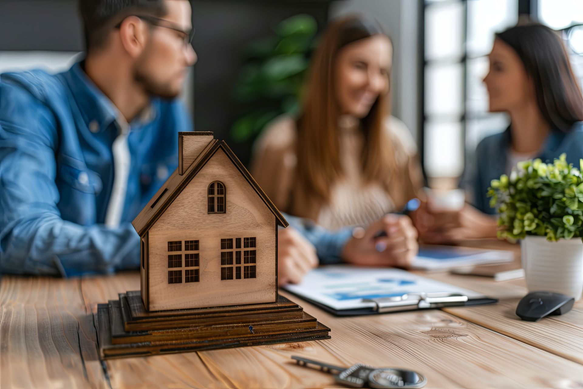 A couple is sitting at a table with a model house on it.
