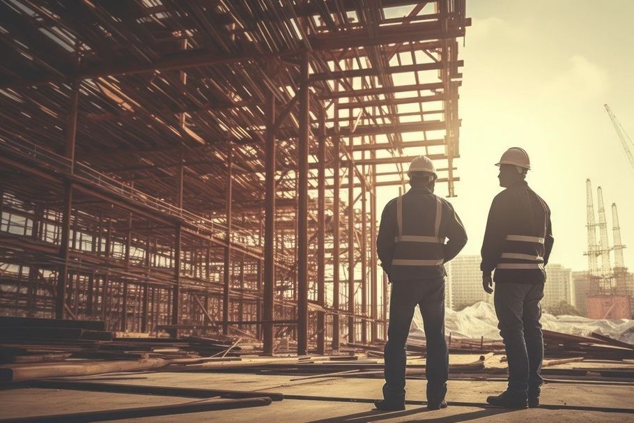 Two workers in hard hats stand beside a steel framework construction site at sunset