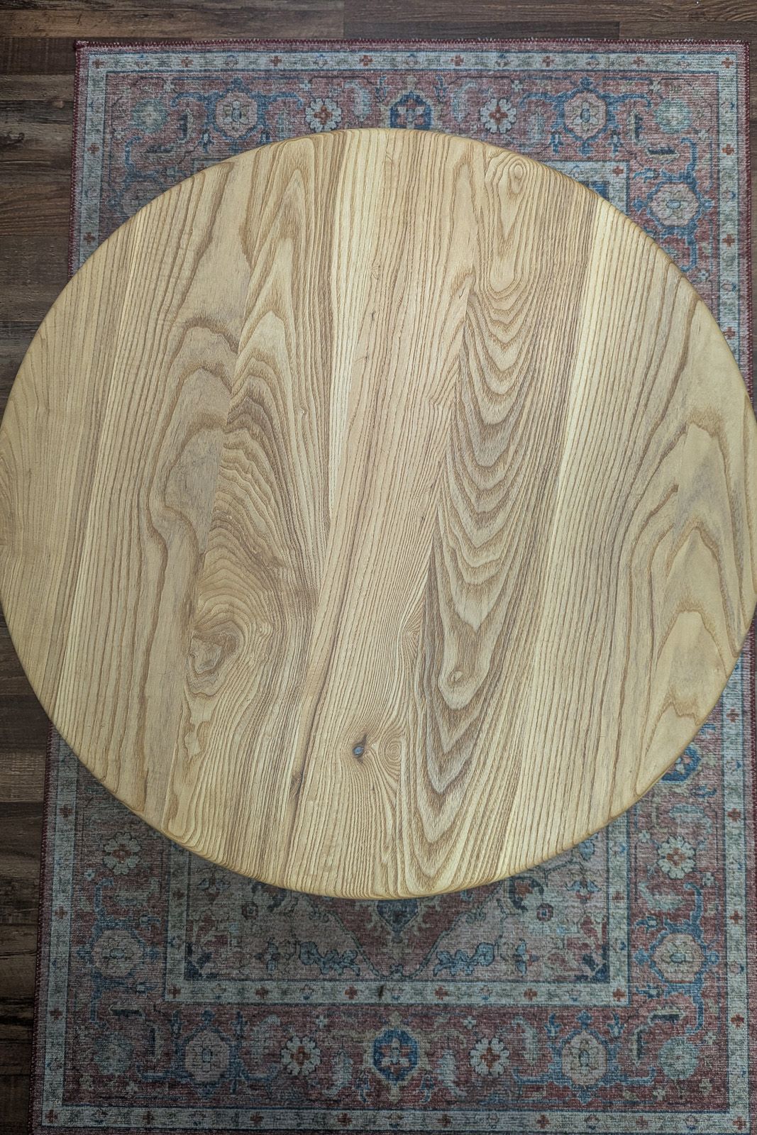 Round white ash Flow coffee table, another view of the top grain. Story City, Iowa.