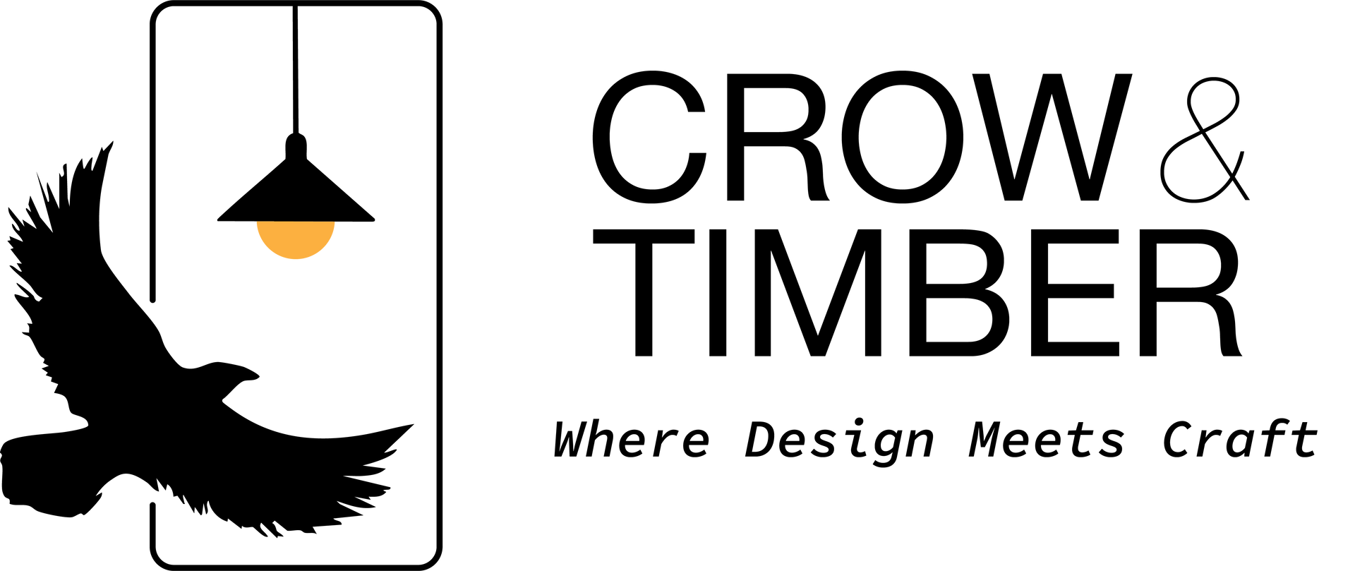 Crow and Timber logo, a black crow silhouette flying beneath a hanging lamp, accompanied by the business name ‘Crow & Timber’