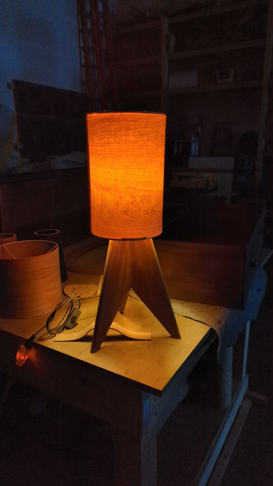ash veneer lamp with a cherry 3 legged base
