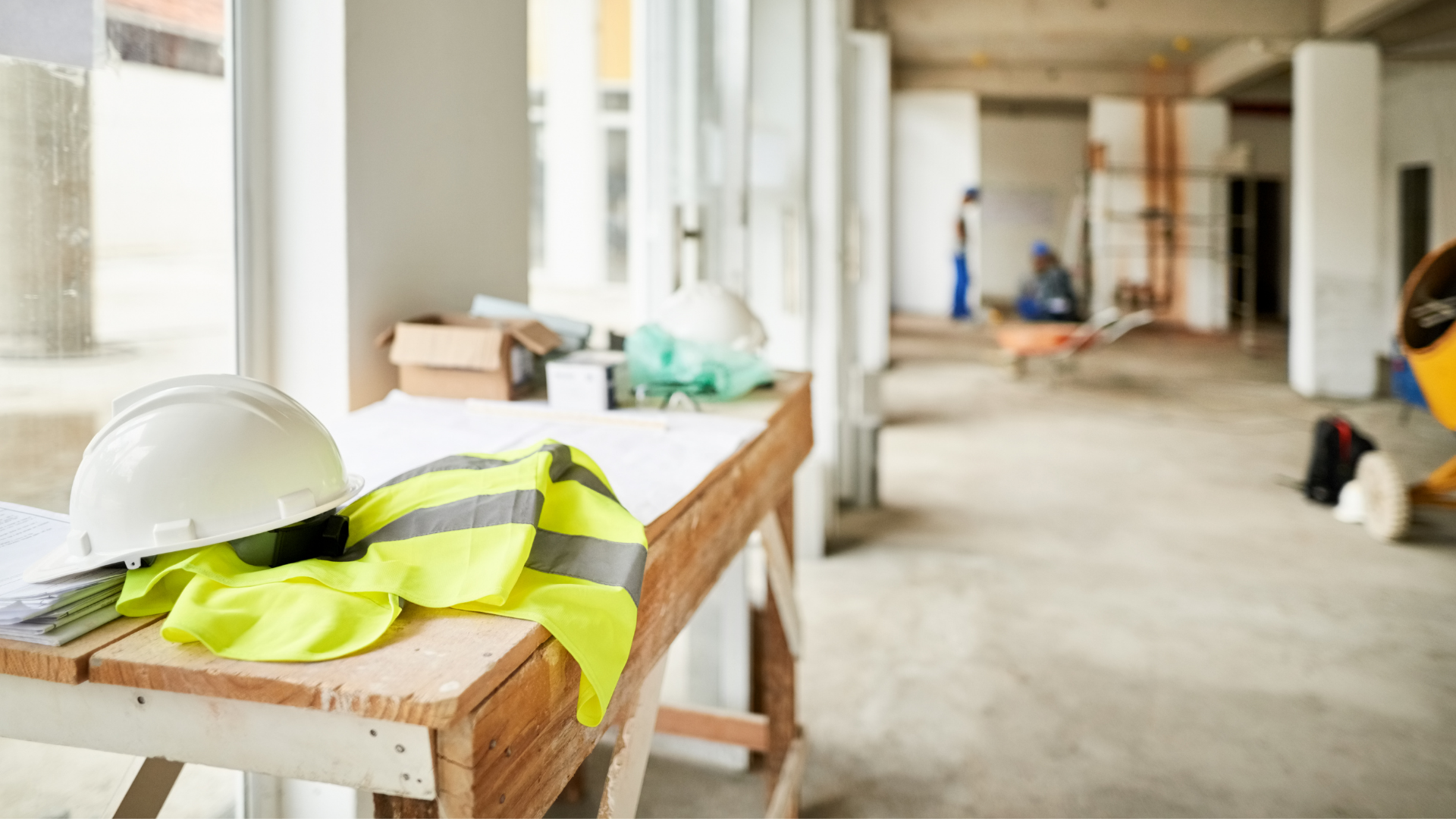 Construction hard hats and safety vests on a workbench in an unfinished building interior