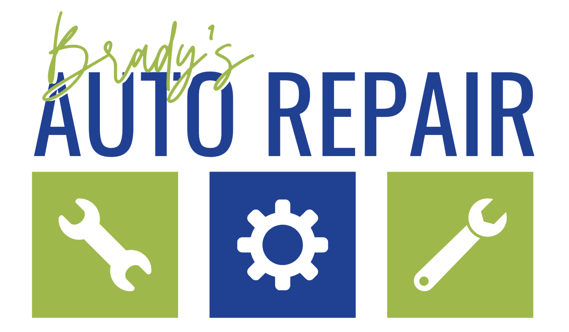 Brady's Auto Repair logo with text and tool icons in green and blue squares.