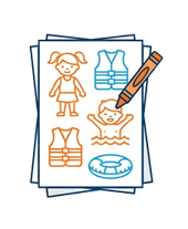 Paper with drawings of a girl, boy swimming, life jackets, and a pool ring, with a crayon.