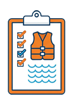 Clipboard with checklist, life jacket graphic, and water waves.
