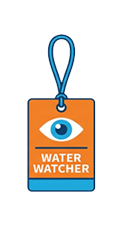 Orange tag with blue trim and loop, white eye,