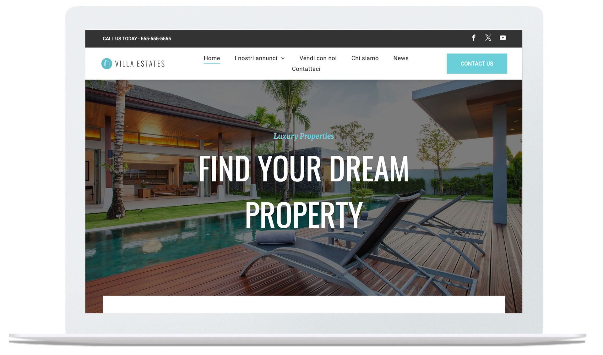 Telefono cellulare che mostra un sito web immobiliare con una proprietà di lusso.
