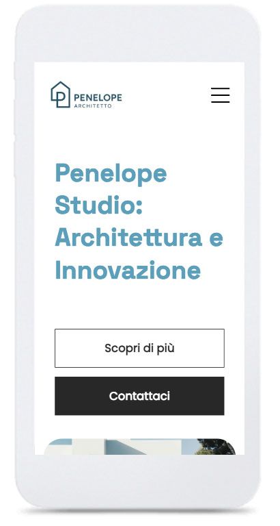 Mobile website screenshot of Penelope Studio: Architecture and Innovation. Buttons: Scopri di più, Contattaci.
