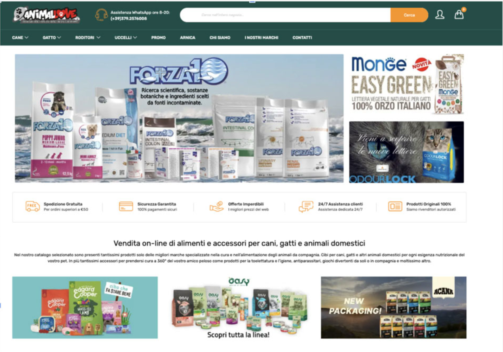 Homepage di un sito web di prodotti per animali domestici, con esposizione di prodotti e banner promozionali.