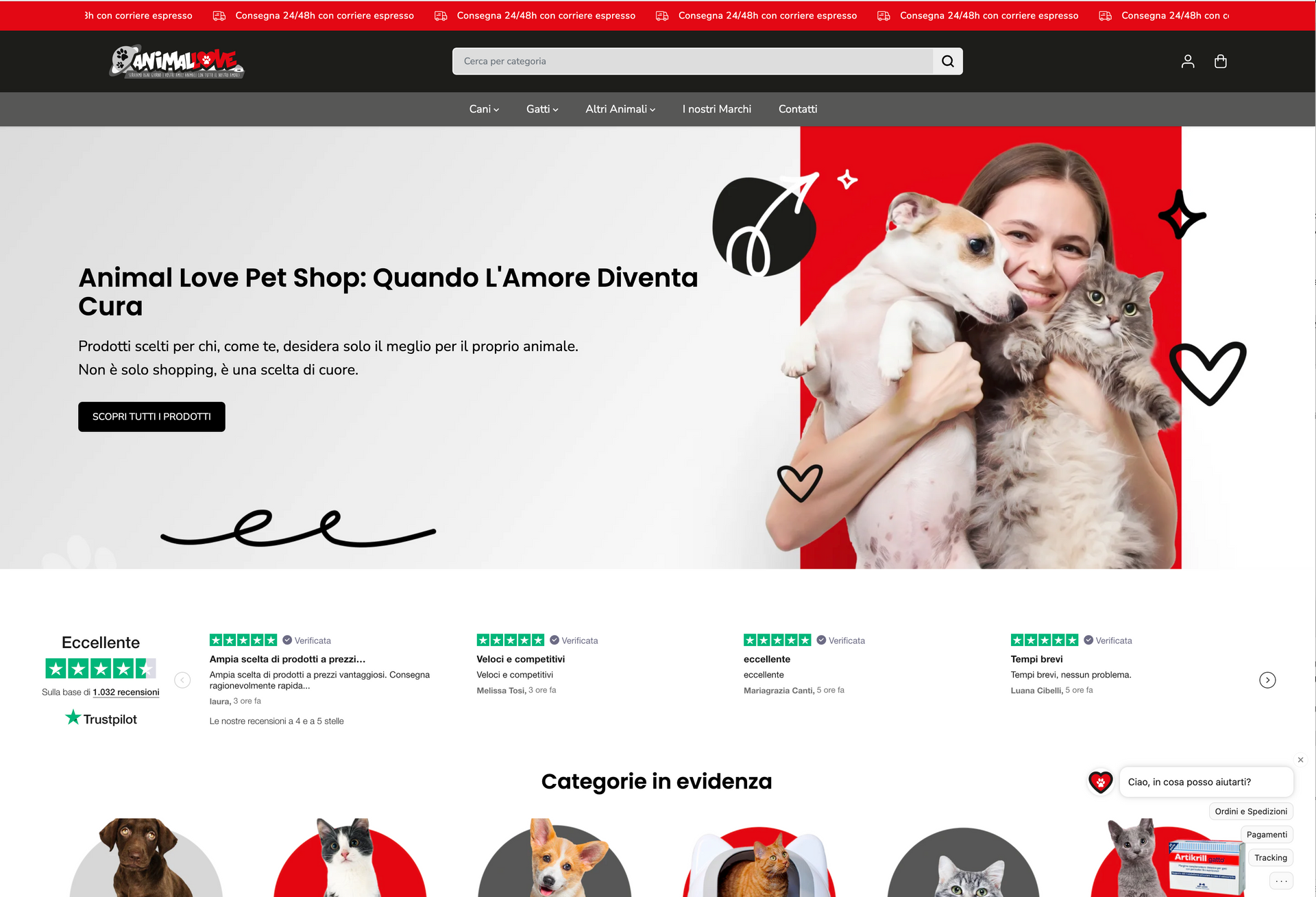 Homepage del sito web con una donna che tiene in braccio un cucciolo e un gattino; design rosso e bianco con uno striscione.