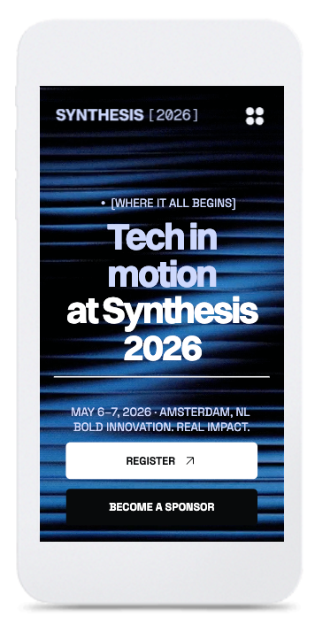 Schermo di smartphone che promuove l'evento tecnologico Synthesis 2026 ad Amsterdam. Testo: