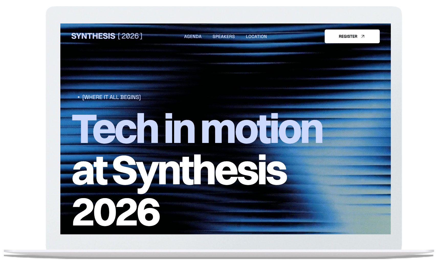Schermo di smartphone che promuove l'evento tecnologico Synthesis 2026 ad Amsterdam. Testo: