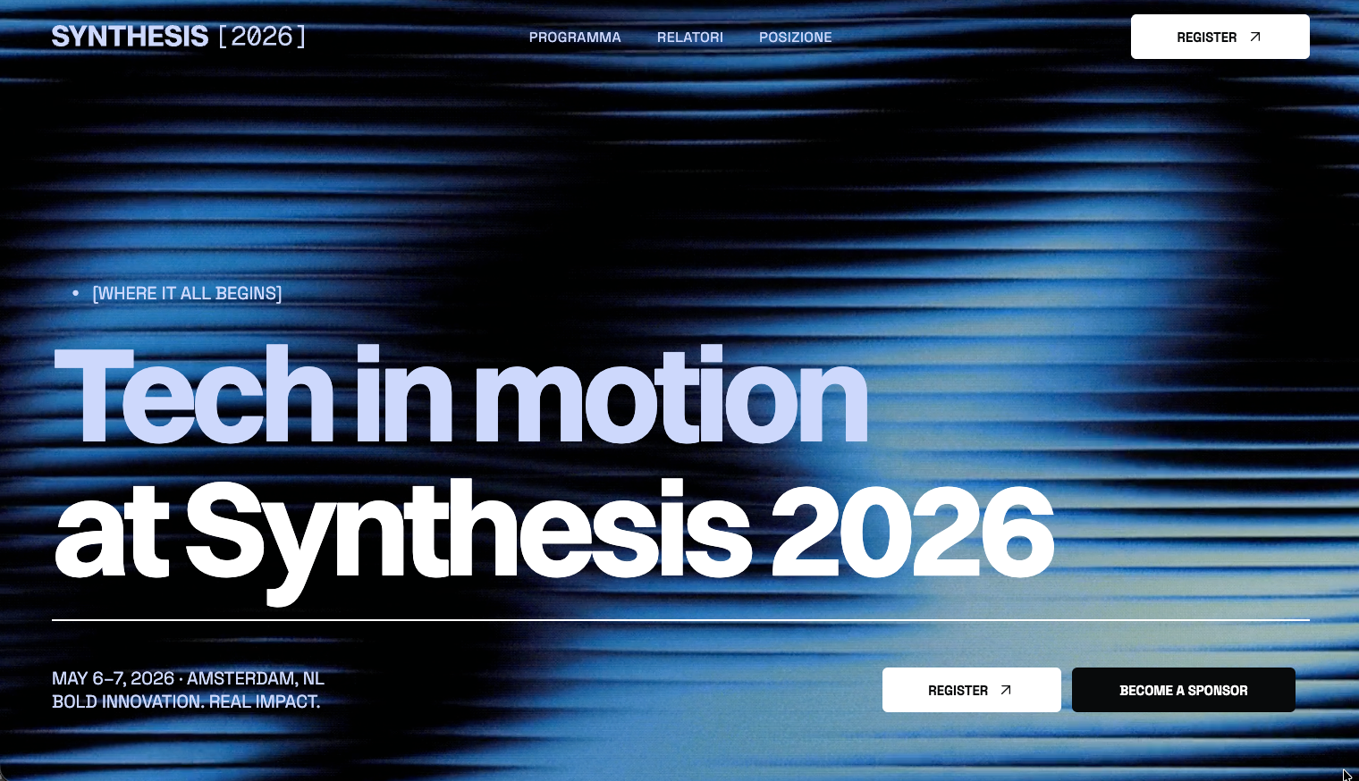 Banner blu del sito web di Synthesis 2026, con la scritta 