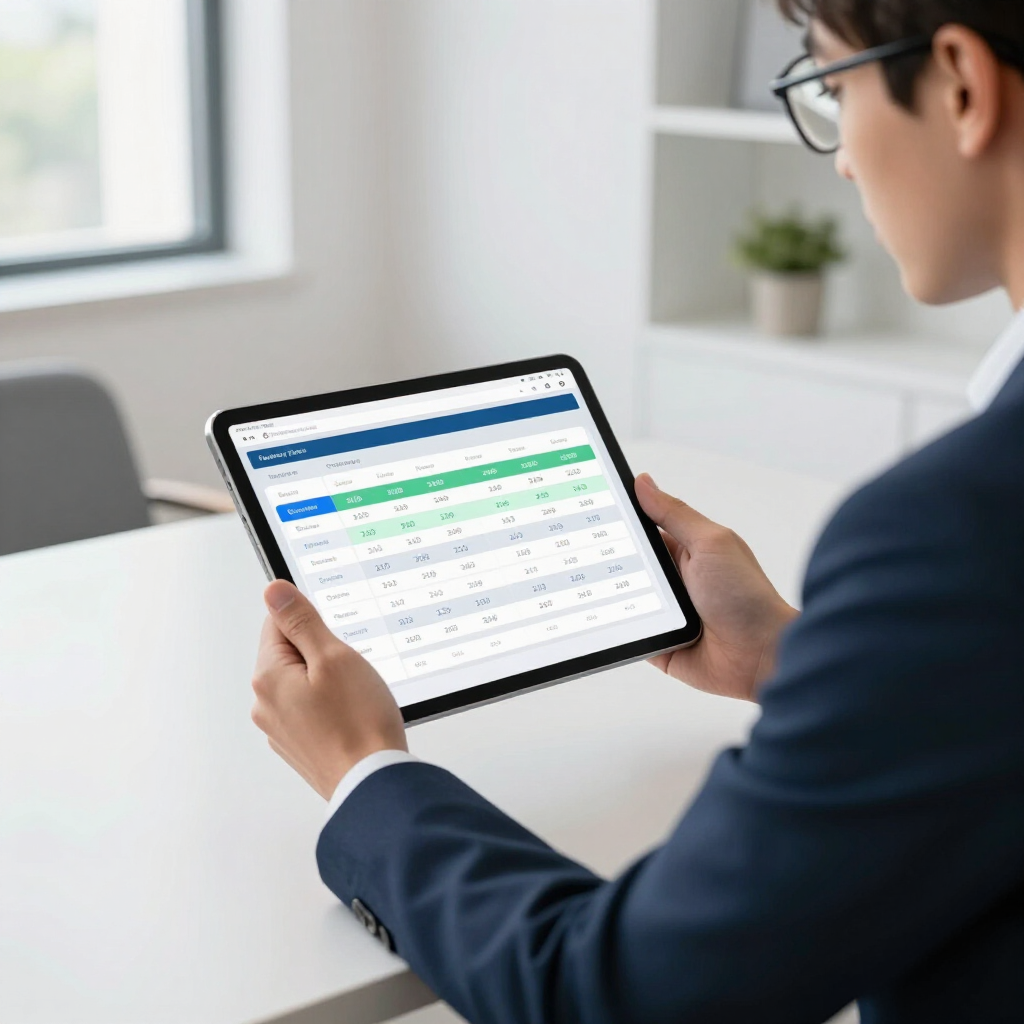Person in a navy suit viewing a spreadsheet on a tablet at a bright desk