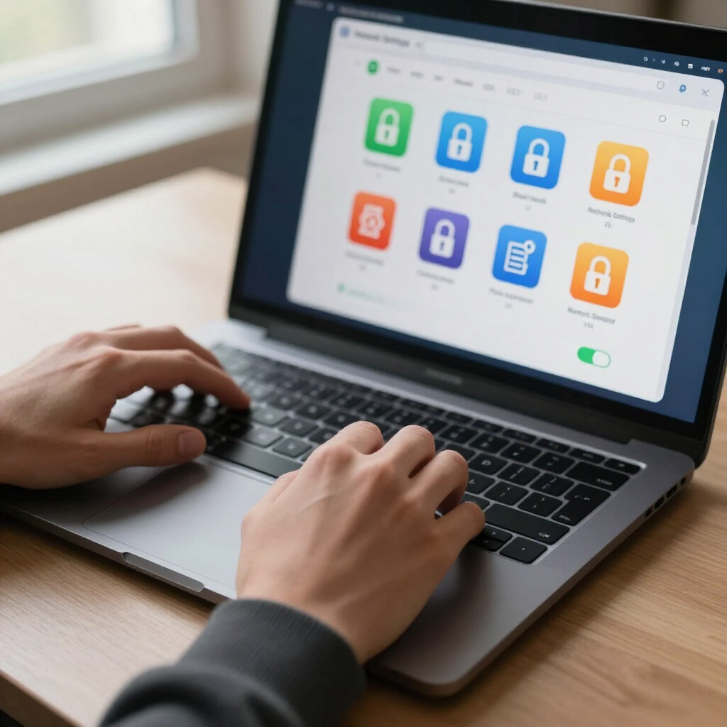 Hands typing on a laptop showing a grid of colorful security lock icons on screen